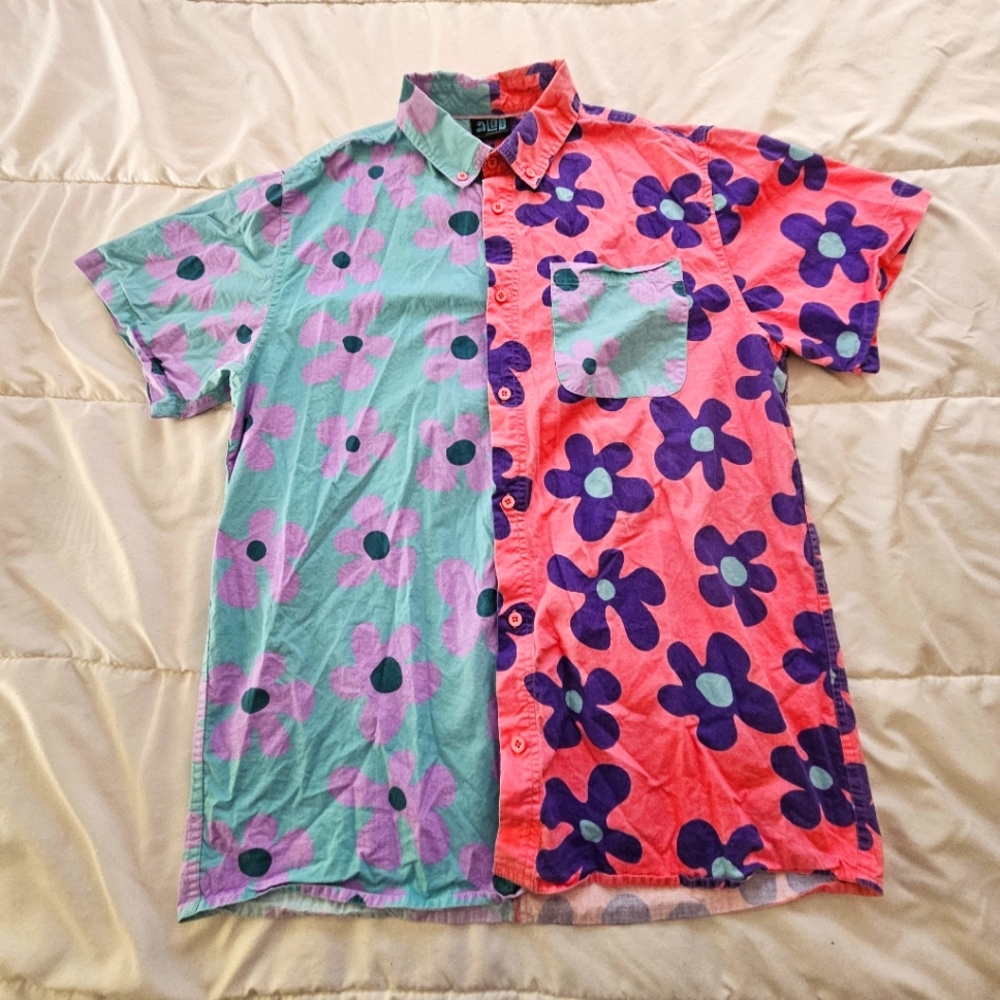Alab funky flower asymmetrical short sleeve button down shirt
